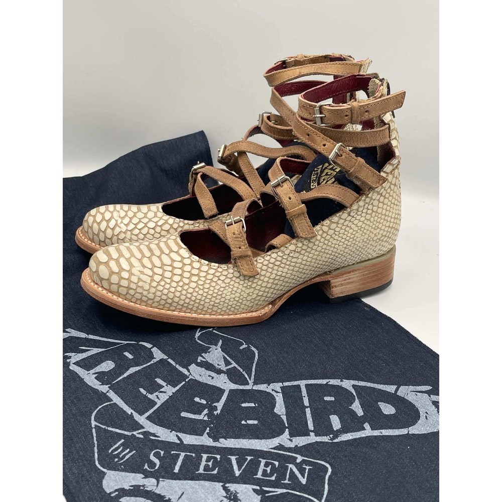 Freebird by Steven Marcel White Snake Leather Gladiator Buckle Flats Size 8
